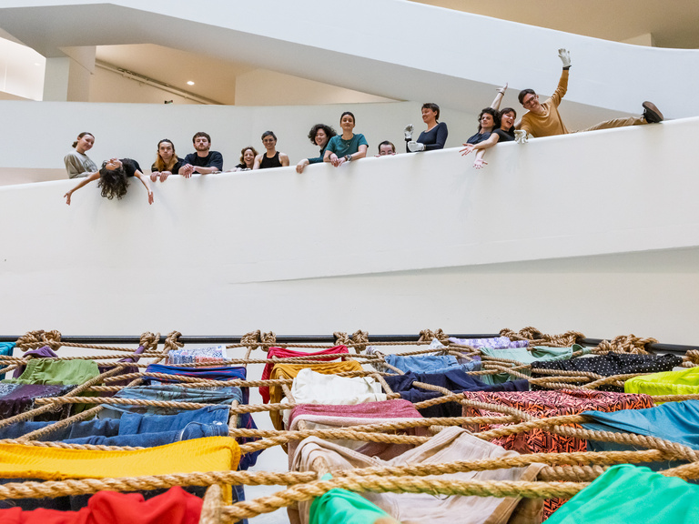 UI students and faculty performed Trisha Brown's Floor of the Forest in the Visual Arts Building
