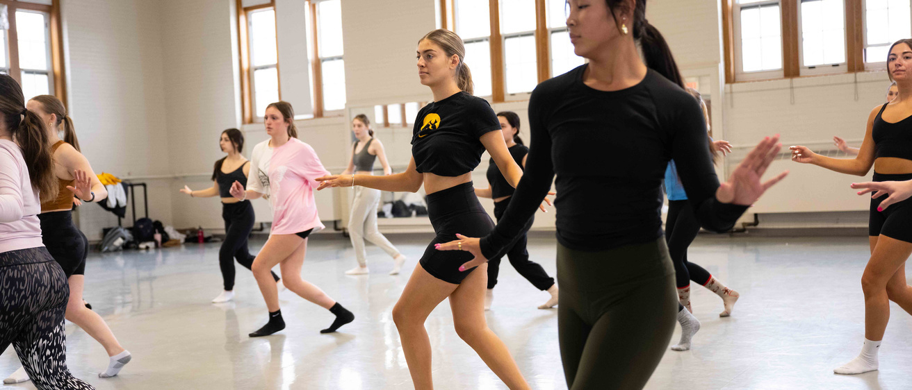 students in an intermediate jazz dance class in Halsey Hall